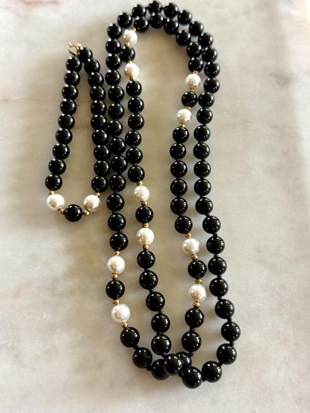 Vintage Black Onyx & Pearl Endless Necklace & Bracelet Set 14k Gold 76g✨